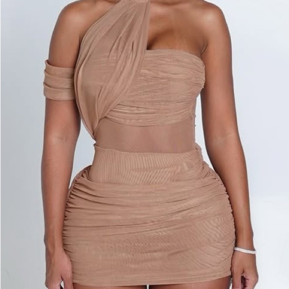 Chic One-Shoulder Tan Dress
